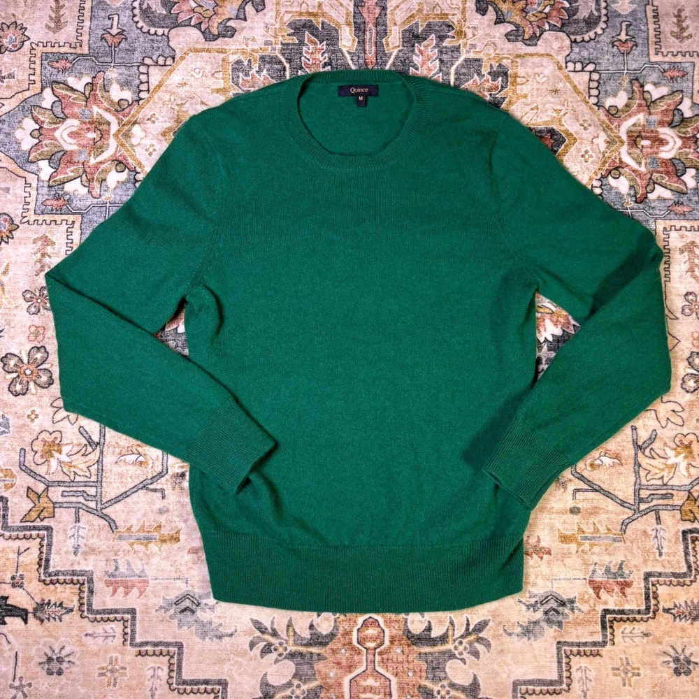 Quince Cashmere Crewneck Sweater Green Medium M 100% Cashmere Pullover Basics